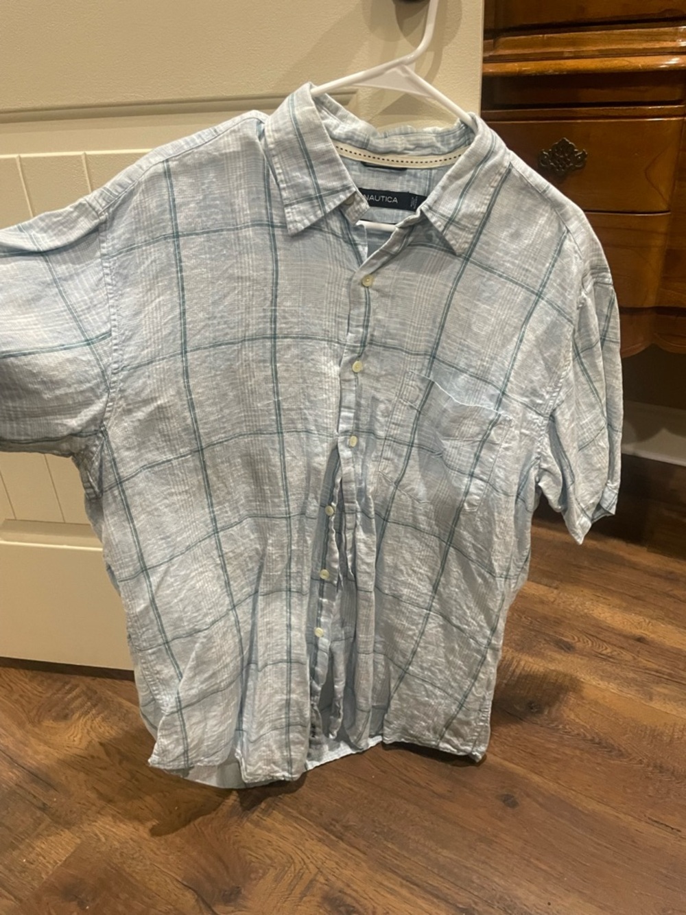 Nautica 100% Linen Light Blue & Teal Windowpane Short-Sleeve Button-Down Shirt